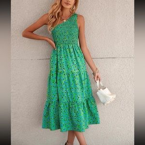 One shoulder shirred bodice dress